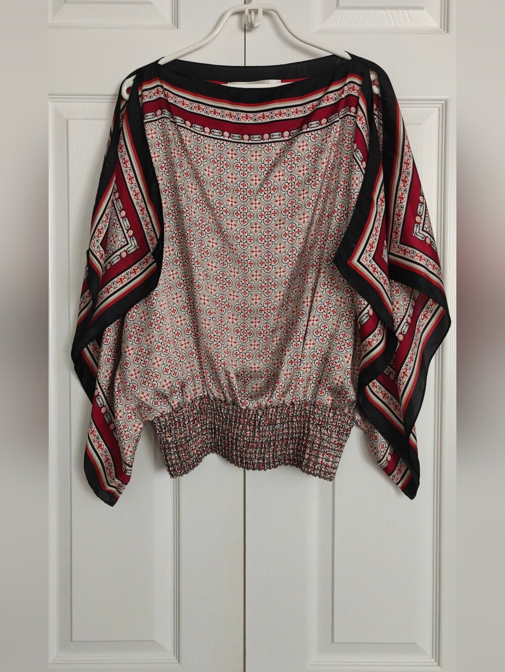 Red and Black Boho Batwing Blouse, Size L
